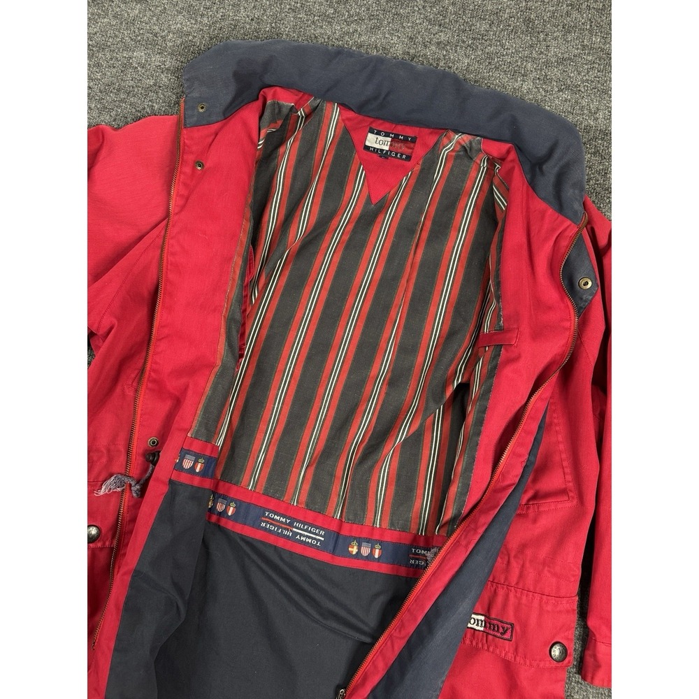 TOMMY HILFIGER Full Zip Jacket Packable Hood Men's M Red Coat Long VTG